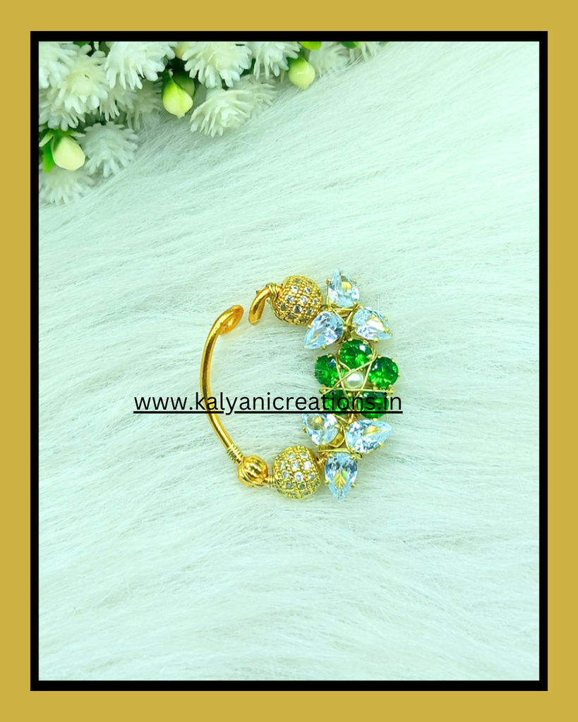 GREEN AND WHITE AD STONE NATH - TRADITIONAL INDIAN NOSE RING