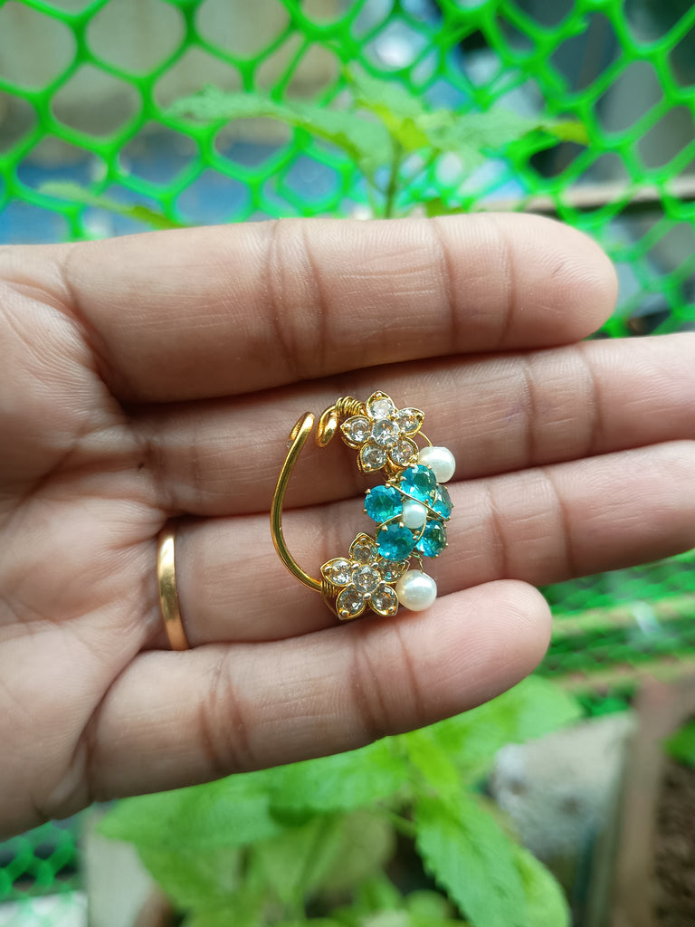 White Blue AD Stone Kundan Nath