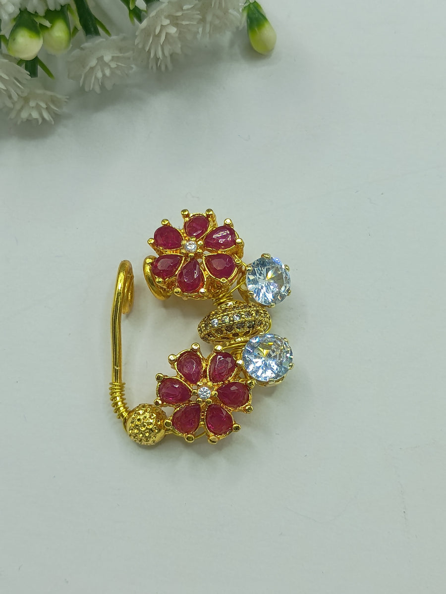 Red kundan & ad stone nath